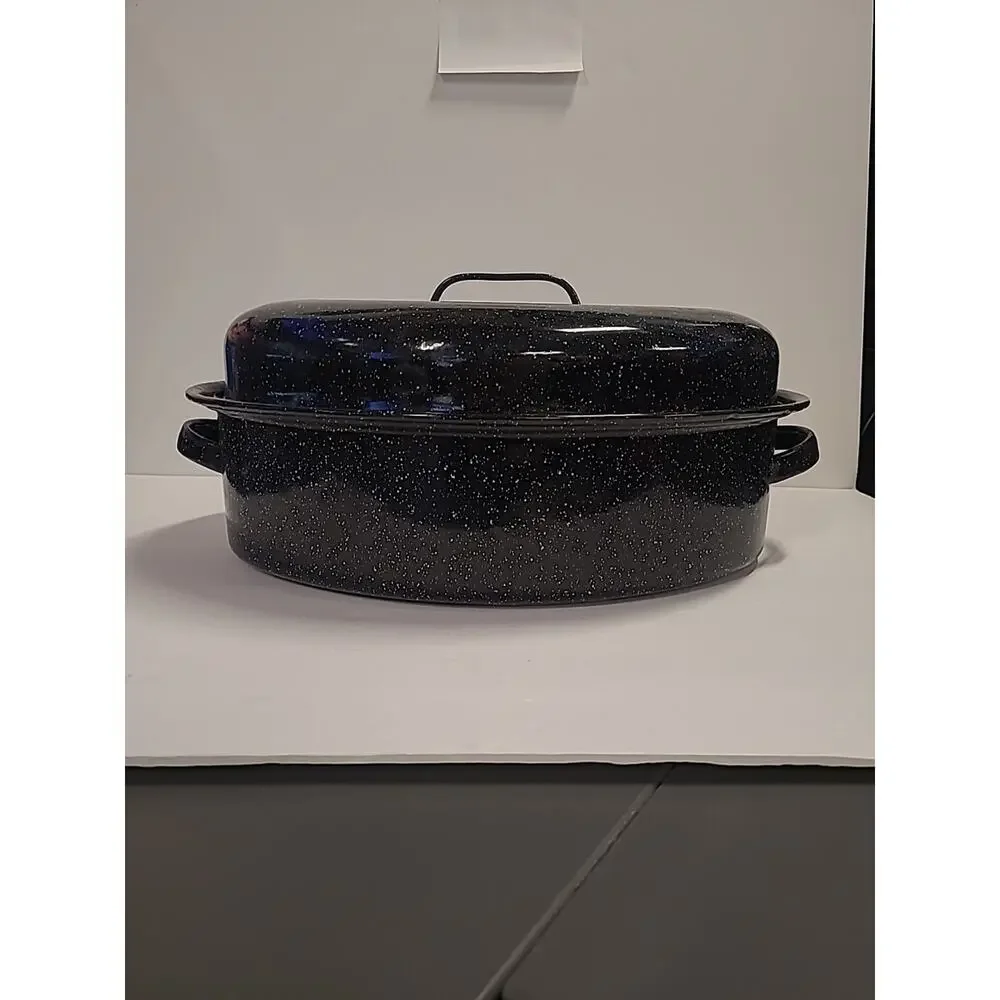 Oval Roaster Pan Extra Large w/ Lid Black Speckled Enamel 15